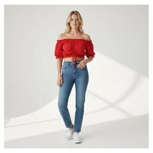 Zara Red White Polka Dot Crop Top XS Ruched Front Festival Boho
